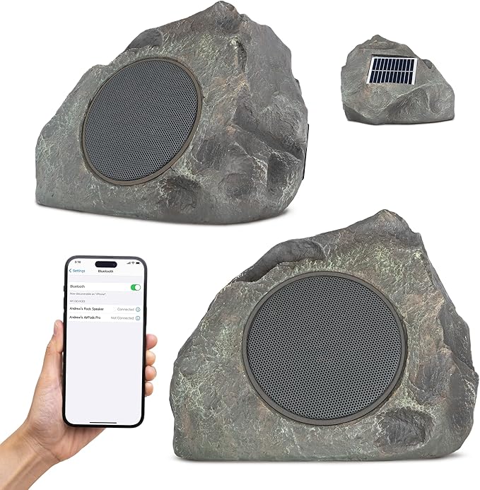 Homewell Outdoor Rock Speaker Solar-Powered Wireless Bluetooth 5.0 Portable Speaker Weatherproof for Patio, Pool, Deck, Yard, Garden and Home (Dark Grey, 2-Pack)