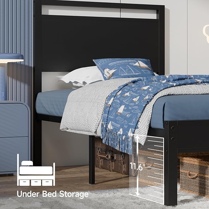 Z-hom Upgraded Twin Bed Frames, Heavy Duty Metal Sturdy Bed Frame Twin Size with Modern Wood Headboard & Footboard, Stable Platform Bed Furniture Bed Storage, No Noise, No Box Springs, Black