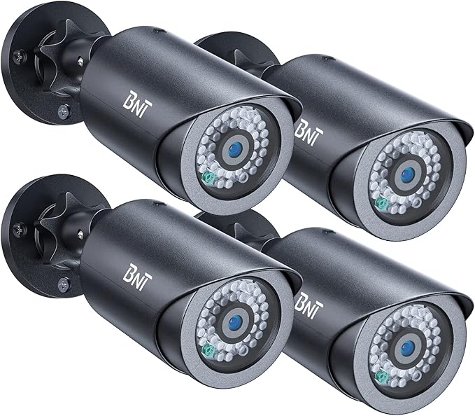 BNT Dummy Fake Security Camera, with One Red LED Light at Night, for Home and Businesses Security Indoor/Outdoor (4 Pack - Black)