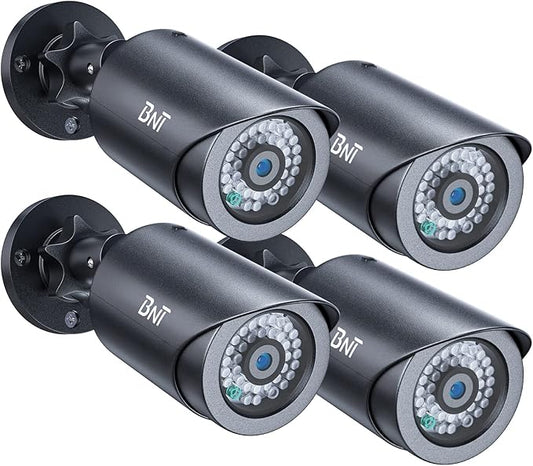 BNT Dummy Fake Security Camera, with One Red LED Light at Night, for Home and Businesses Security Indoor/Outdoor (4 Pack - Black)