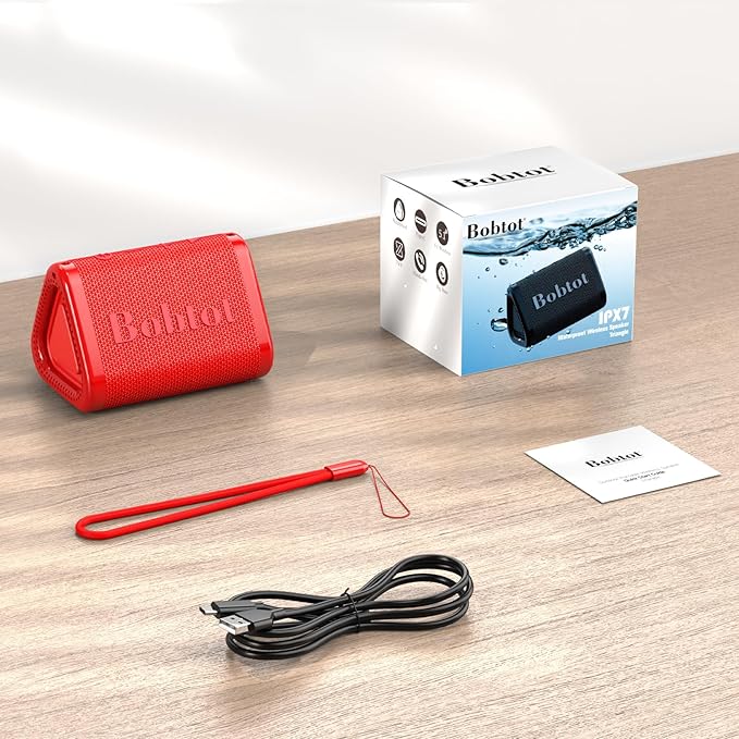 Bobtot Portable Bluetooth Speaker Wireless, IPX7 Small Shower Speaker Waterproof, 15H Playing Time, Loud and Stereo Sound with Bass, TWS Pairing for Party, Camping, Travel, Red