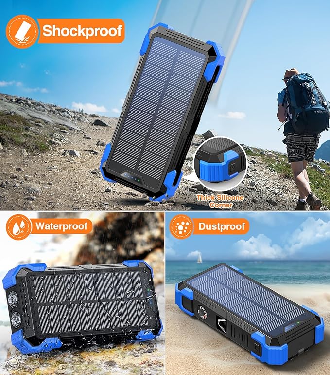 Solar Charger Power Bank, 42,800mAh Wireless Portable Charger with USB-C in/Output, QC3.0 Fast Charging 15W 4 Ports Outdoor Battery Pack Built-in LED Flashlight, for iPhone, Galaxy, iPad etc
