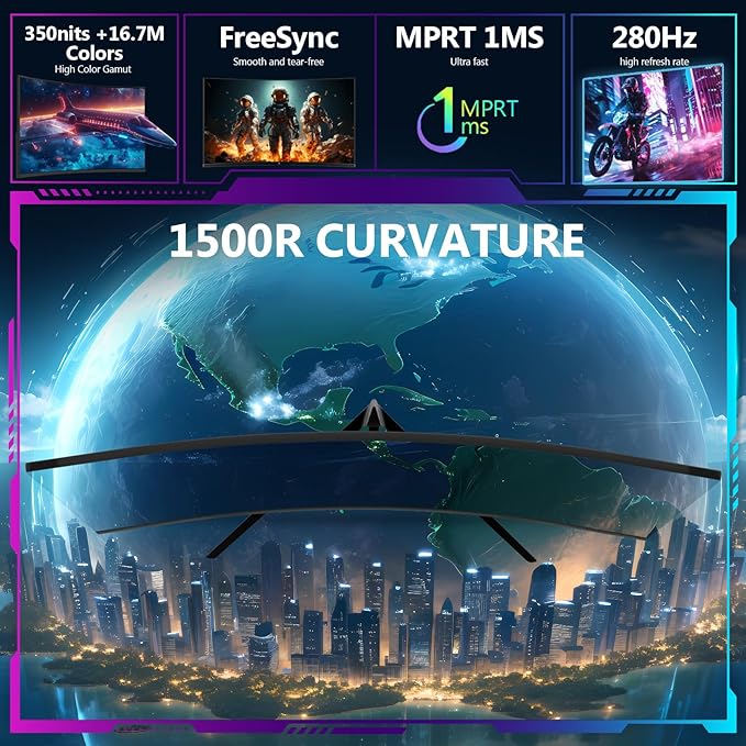 Z-Edge 27 inch Curved Gaming Monitor, FHD 1080P 280Hz Curved 1500R Computer Monitor, Ultra-Fast MPRT 1ms Monitor, 350nits, 16.7M Colors, 4000:1 Contrast, UG27P 2X DP 1.2 Ports and 2X HDMI 2.0 Ports