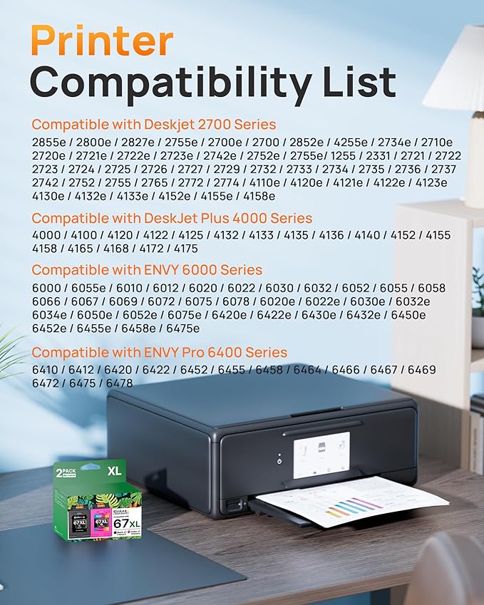 67XL Ink Cartridges Black/Color Combo Pack Remanufactured for HP Ink 67 67XL to Use with HP Deskjet 2855e 2800e 2755e 2827e 2700e 2700 2852e 4255e 2734e 4100 4000 Envy 6000 6055e Printer (2-Pack)