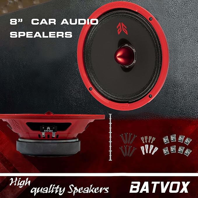 MX80E1 Midrange Loudspeaker 8" Red Bullet, 560W Max, 6 Ohms, Premium Quality Audio Door Speakers for Car or Truck Stereo Sound System, Red (2 Speaker)