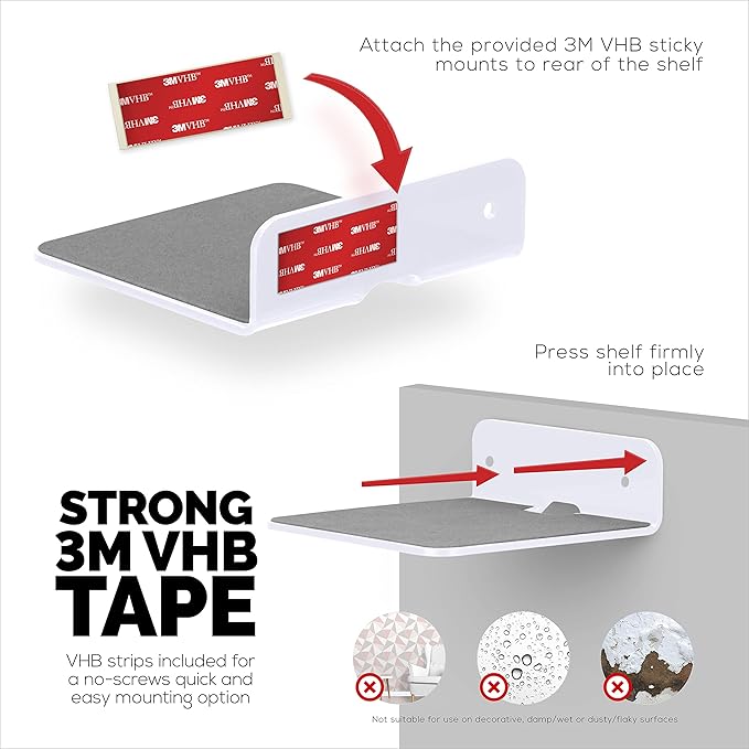 BRAINWAVZ 2-Pack 4” Small Floating Shelf Bluetooth Speaker Stand, Adhesive & Screw Wall Mount, Anti Slip, for Cameras, Baby Monitors, Webcam, Router & More, Universal Holder (SHELF11 White)