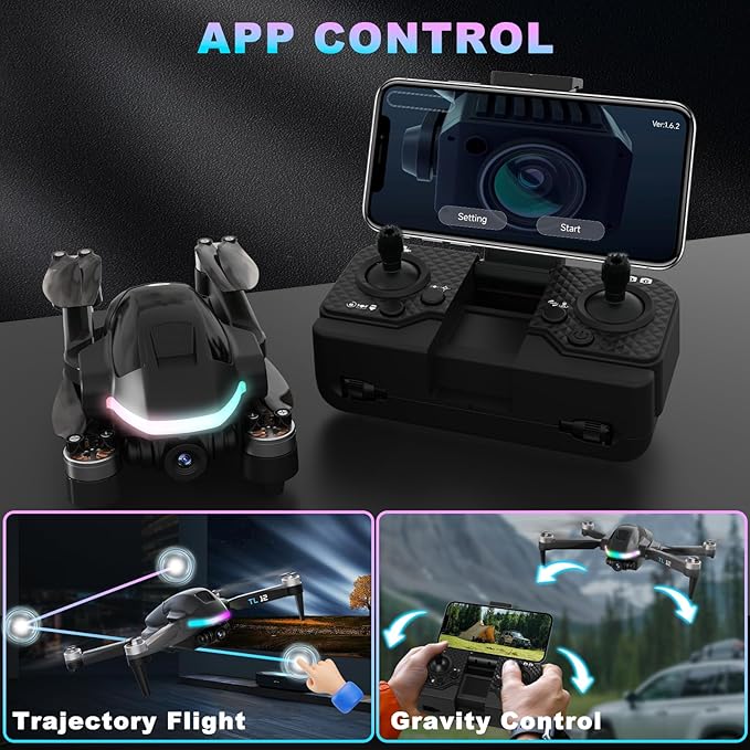 TL12 RGB Lighting Drone Brushless Motors Drones with Camera 1080P HD 3D Flips FPV Transmission Optical Flow Altitude Hold Headless Mode One Key Start RC Quadcopters for Beginners Multiple Lights