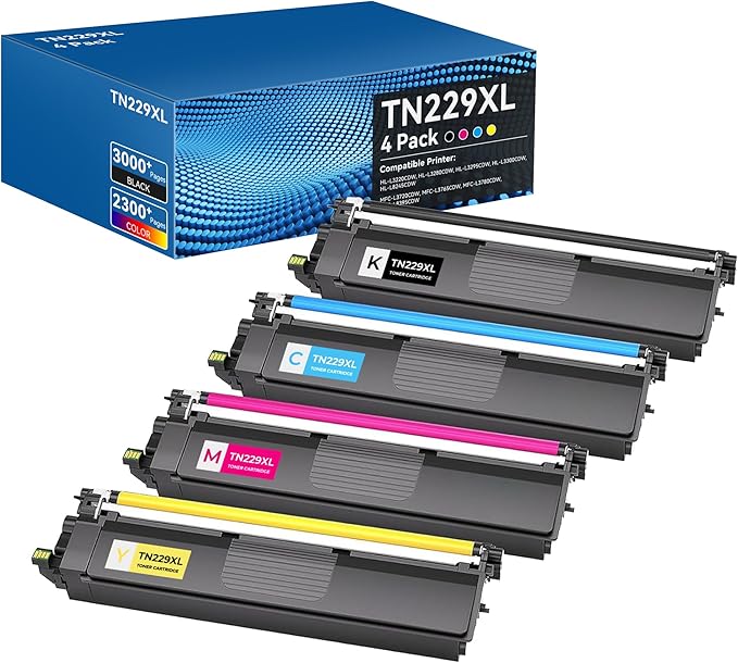 TN229XL Toner Cartridges High Yield MFC-L3720CDW MFC-L3780CDW Toner Compatible for Brother TN229XL TN229 Toner Cartridges for Brother HL-L3280CDW HL-L3220CDW HL-L3300CDW Printer(BK/C/M/Y,4 Pack)