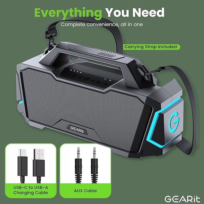 GEARit Portable Bluetooth Speaker Wireless w/ 120W Loud Audio Output - IPX6 Water-Resistant Speakers - 5.3 Bluetooth, AUX, TWS, MicroSD, EQ and Power Bank - Perfect for Gift/Home/Outdoor/Party