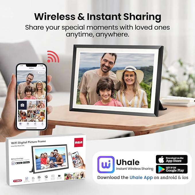 RCA 10.1” WiFi Digital Picture Frame, Electronic Photo Frames 32GB Storage, HD IPS Touch Screen WiFi Frame/Auto Rotate/Wall Mounted, Easy Setup in Uhale App to Share Photo/Video Anytime (Black)