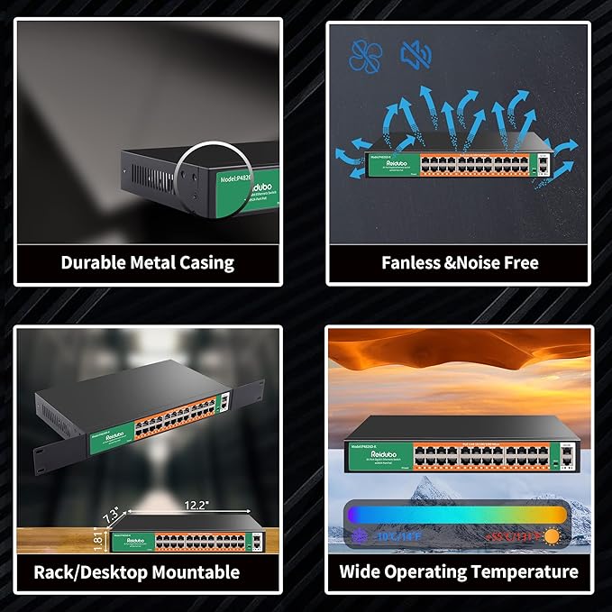 24 Port Gigabit PoE Switch with 2 Uplink Gigabit Ethernet Ports, 400W, Unmanaged,19-inch Rackmount, VLAN, 802.3af/at, Fanless Silent Operation, Compatible with AP WiFi6, PoE Cameras
