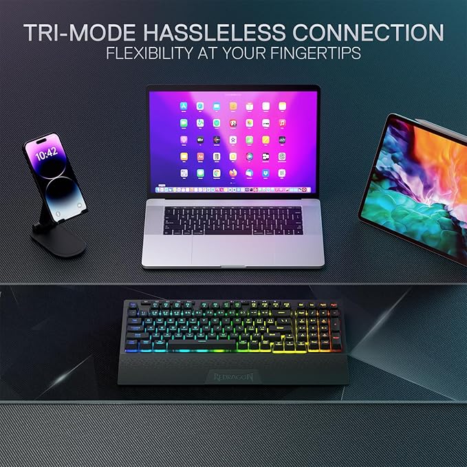 Redragon K515 PRO Shiva RGB Wireless Membrane Gaming Keyboard, 98 Keys Mechanical-Feel Keyboard w/Smooth Linear Switch, On-Board Macro & Multimedia Keys, Detachable Wrist Rest, Software Supported