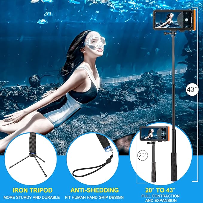 Bluetooth Selfie Stick, Underwater Diving Surfing Swimming Bluetooth Phone Selfie Stick, Extendable & Portable Waterproof Video Recording Compatible with iPhone/Android Cellphones and Gopro AKASO etc.