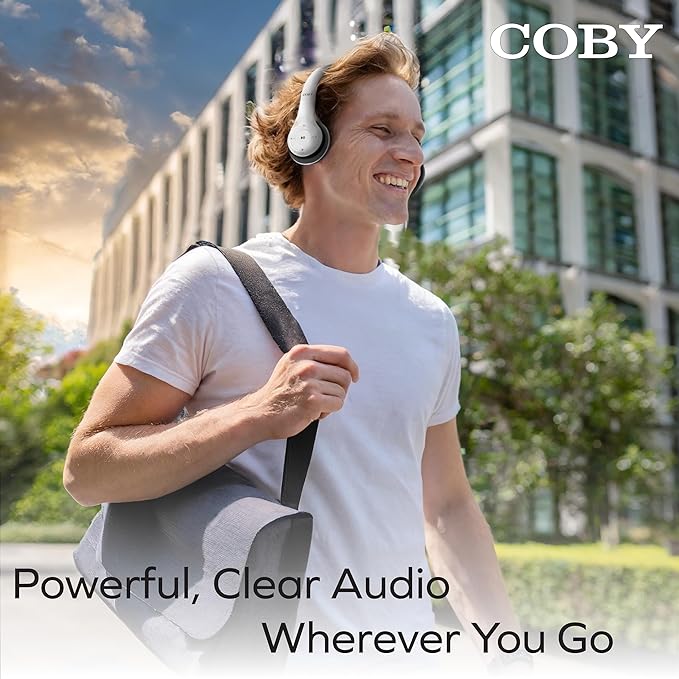 Coby Bluetooth Headphones, Rechargeable and Foldable Over-Ear Headset with Mic, TF Card Slot and AUX Input, Hands-Free Controls, 5-Hour Playback, Micro-USB Cable Included, White