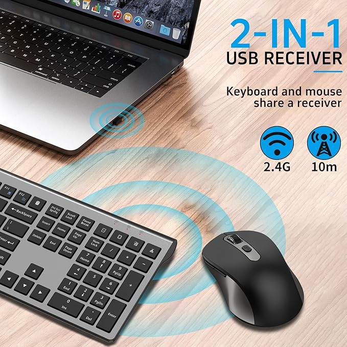 Wireless Mouse and Keyboard Combo, Full-Size Computer Keyboard with Calculator Button, 2400 Dpi Ergonomic Mouse, Ultra-Thin Cordless USB Keyboard and Mouse Set for Laptop Windows Mac - Black Gray