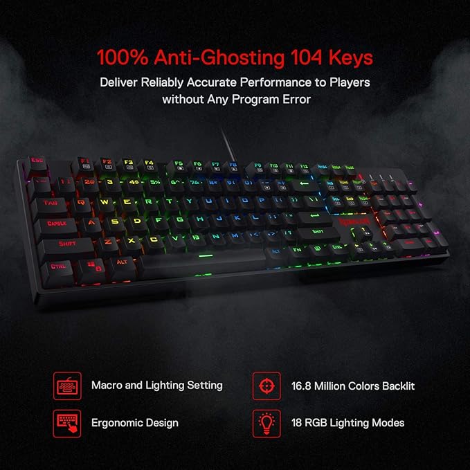 Redragon K582 RGB Mechanical Gaming Keyboard, 100% 104 Keys Standard Layout Gaming Keyboard with Double-Shot ABS Keycaps, Dynamic 16.8M RGB Backlit & Linear Red Switch, Redefine Software Supported