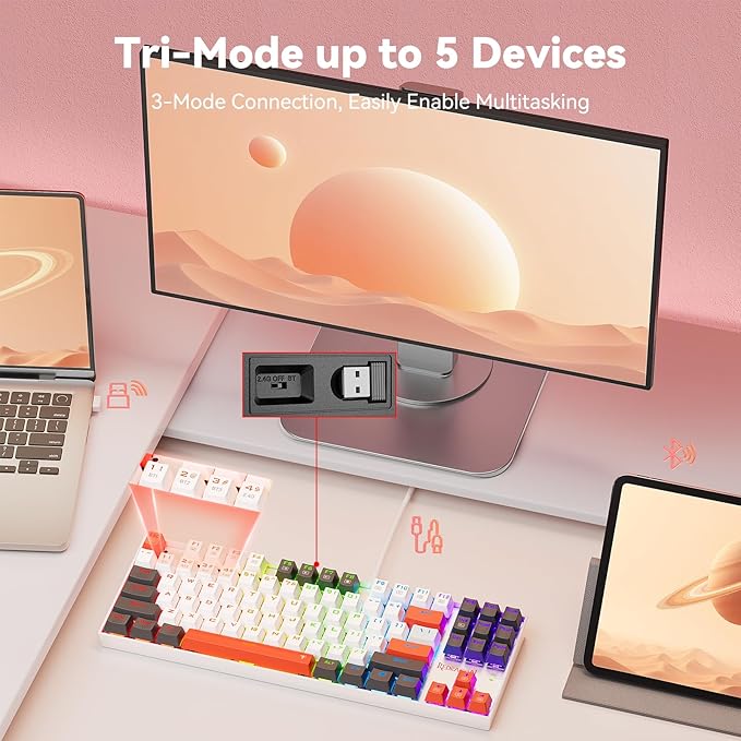 Redragon Wireless Gaming Keyboard, BT/2.4Ghz Tri-Mode Mechanical Keyboard with Aluminum Pannel, Hot-Swap Red Switch, Programmable 87 Keys TKL, LED Rainbow Backlit - K552WLR-KRS(Neo Nocturne)