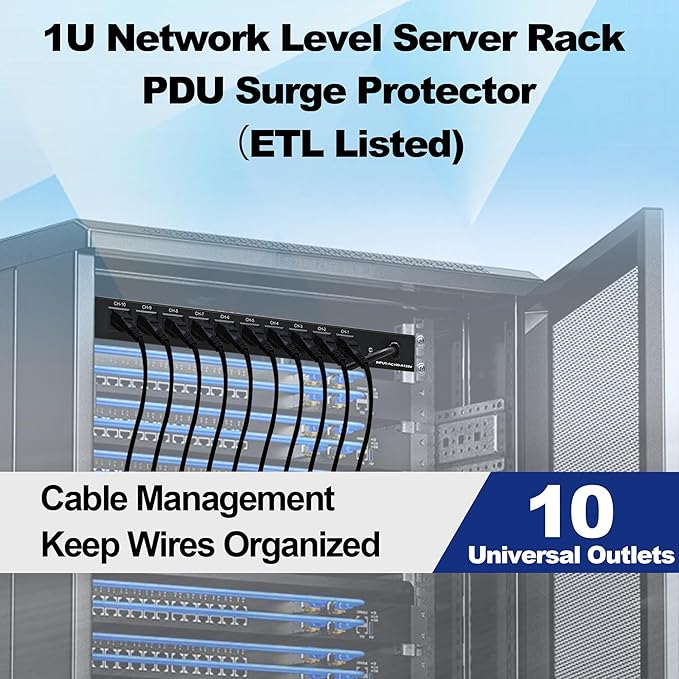 10 NEMA 5-15R Outlet Surge Protector PDU, 120V 15A 3600J 10KA, 1U Rack Mount Power Strip for Network Server Racks, AV Equipment, & More - 14AWG 6ft Cord, ETL Listed