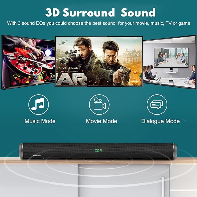 Wohome Soundbar for TV - 28-Inch Sound Bar with HDMI-ARC, Bluetooth, LED Display, Optical, USB, and AUX Inputs - 80W, 4 Speakers, Surround Sound Home Theater System