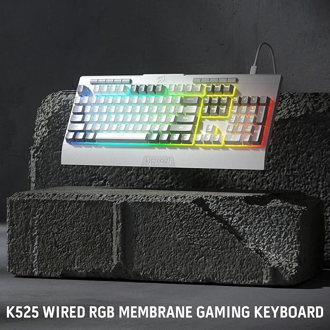 Redragon K525 RGB Backlit 104 Keys Wired Membrane Gaming Keyboard w/ 5 Multimedia Keys & 4 Extra On-Board Macro Keys, Dedicated Media Control, Ergonomic Wrist Rest, Linear Mechanical-Feel Switch