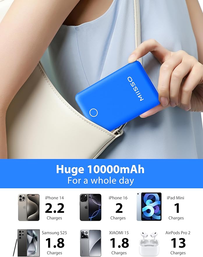 10000mAh Compatible with iPhone 15/16/17 (Only) Slim Portable Charger with Built in Cable, Power Bank Travel Charger External Battery Pack for Phone, 3 Output USB Type C Cord Clutch Charger, Deep Blue