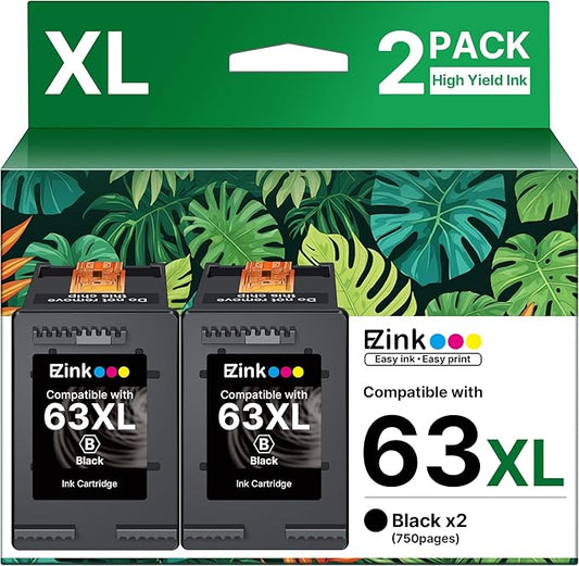 E-Z Ink 63XL Black Ink Cartridge Remanufactured 63XL 63 Ink Replacement for HP Ink 63 HP63 HP63XL to Use with HP OfficeJet 3830 4650 4655 5255 5258 5200 Envy 4520 4512 DeskJJet 1112 2130 (2 Black)