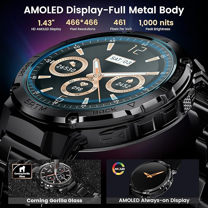 Smart Watches for Men GPS, Pressure,Altitude,Compass, 480mAh Extra-Large Battery, 50M Waterproof, Full Metal Body Rugged Smartwatch, Answer/Make Call,1.43" AMOLED Display(2 Bands)