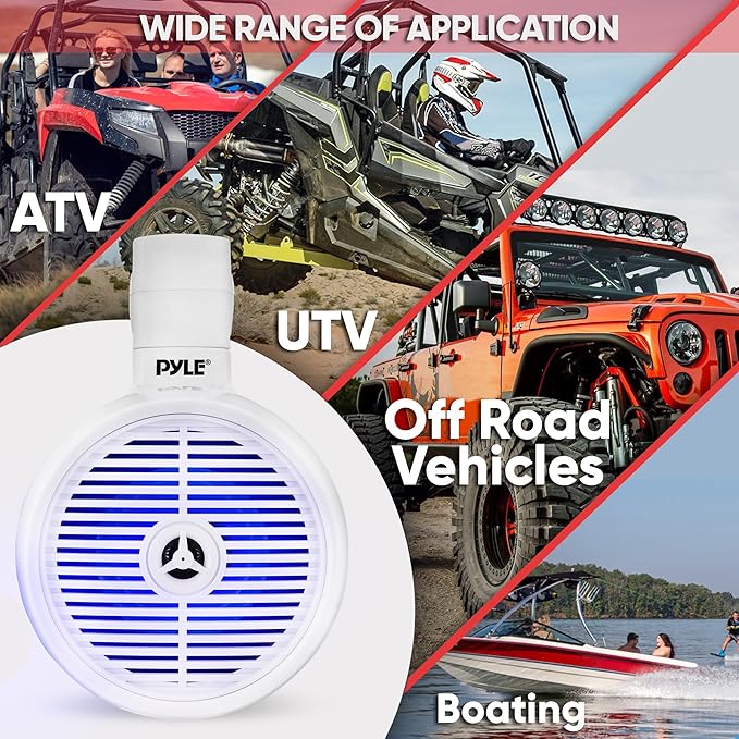PyleUsa 6.5” Waterproof Off-Road Speakers - 200W 2-Way Marine Wakeboard Tower Sound System w/ LED Light, Full Range Outdoor Stereo Speaker for Car, ATV, UTV, Jeep, Boat, Includes Brackets (White)
