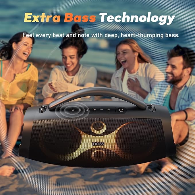 DOSS Extreme Boom Pro D200 240W Peak Outdoor Speaker, Punchy Bass, 26H Playtime, Beat-Synced Light, BT5.4, Stereo Pairing, IPX6 Waterproof for Camping, Beach, Tailgate Party-Blue