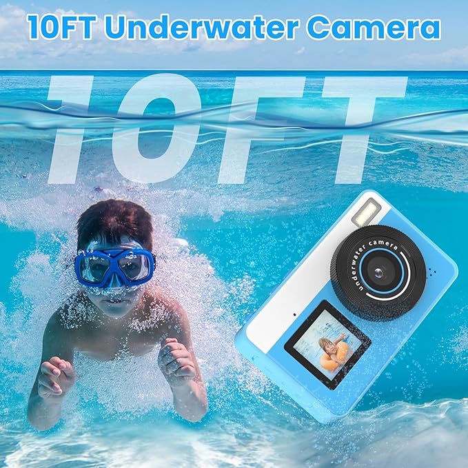 4K Digital Camera Waterproof, Point and Shoot Cameras for Photography, 10FT Underwater Camera with Dual Screens,18X Digital Zoom, 32GB TF Card, Selfie Cameras for Teens Beginners Girls Boys Kids(Blue)