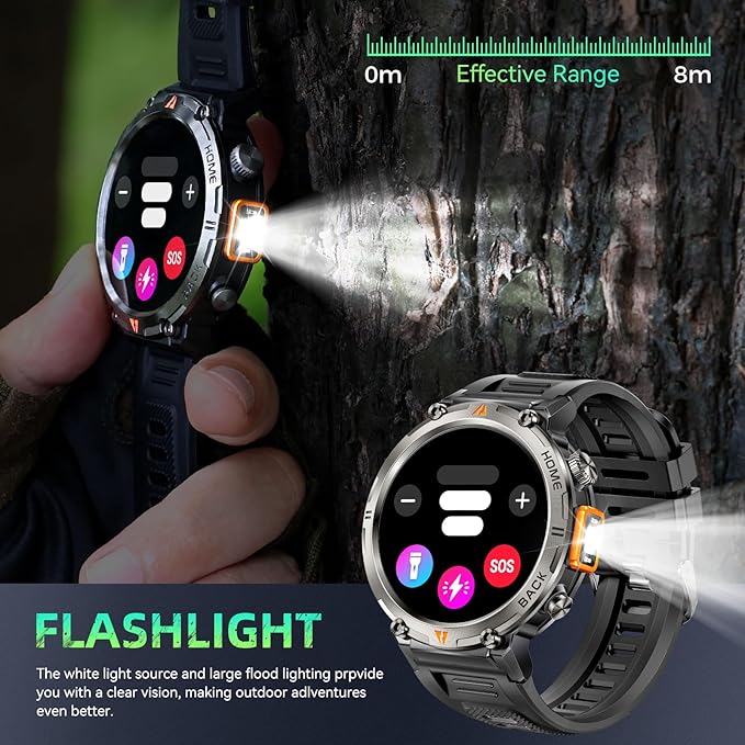 Military Smart Watches for Men Built-in GPS 3ATM Waterproof with Call/LED Flashlight, 1.45" Rugged Tactical Smartwatch with Compass, Fitness Tracker with HR/SPO2/Sleep Monitor for iPhone Android