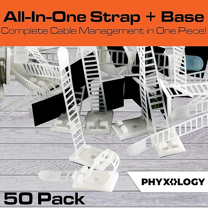 Pro-Grade, Adhesive-Backed Cable Straps 50 Pack. High-Strength, White Clamps for Electrical Wire Management and Organization. Tool-Free Installation for Home Or Office. Screw-Mount for Permanent Hold