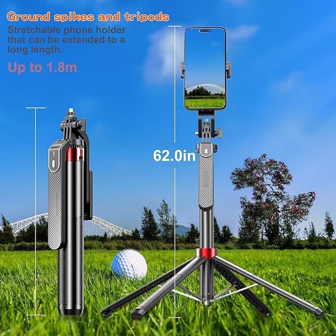 Monopod and Tripod Selfie Stick to Record Golf Swing - Etendable Cell Phone Tripod Stand with Wireless Remote and Phone Holder, Golf Training Aid - Compatible with All iPhone Android Phone