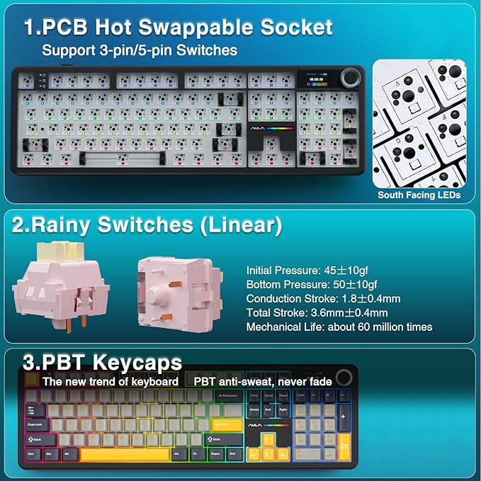 AULA F108 PRO - Wireless Mechanical Keyboard with Screen&Knob,Hot Swappable Gaming Keyboard with 8000mAh Battery,Pre-lubed Switches,RGB Backlit,PBT Keycaps Creamy Sounding Computer Keyboards,104 Keys