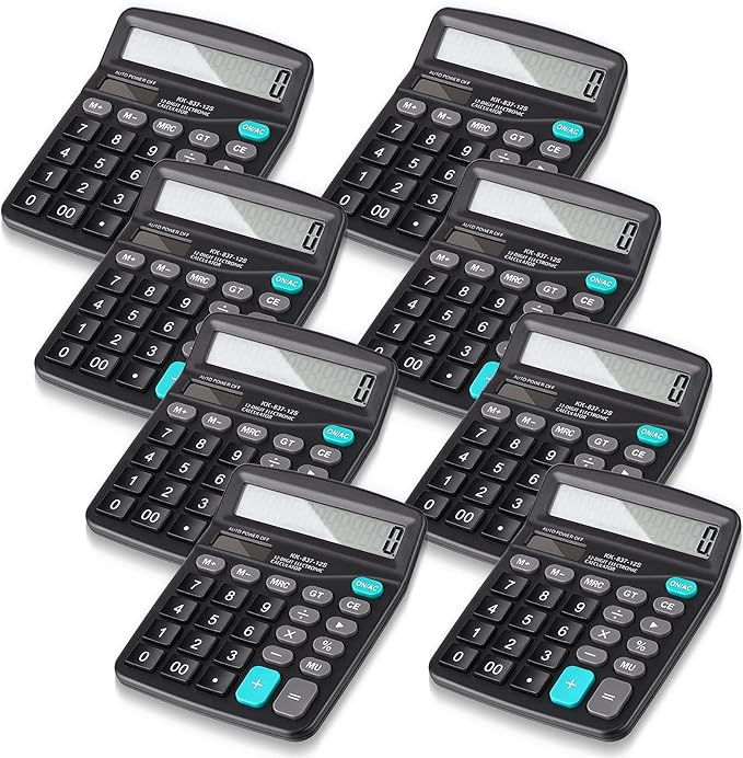 Konohan 8 Pieces 12-Digit Calculator, Solar Basic Desktop Calculator Large Display Electronic Dual Power Handheld for Home Office School(Black)