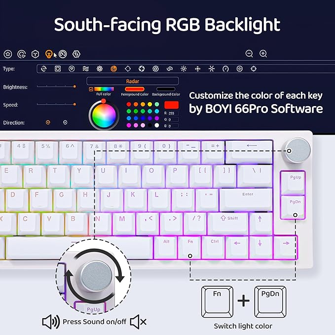 BOYI 66Pro Rapid Trigger Magnetic Switch 65% Mechanical Keyboard,Hall Effect Gasket-Mounted RGB HotSwap Hyper-Fast Adjustable Actuation Wired Compact Gaming Keyboard with Knob(White)