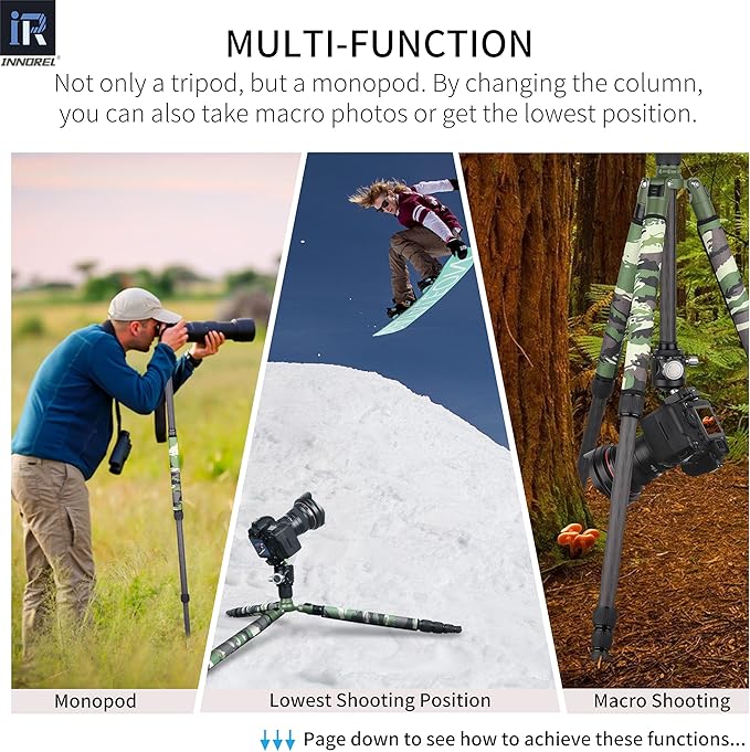 Carbon Fiber Tripod-RT75CG Super Professional Tripod Monopod Heavy Duty Compact Stand Support with 44mm/1.73in Low Gravity Center 360°Panoramic ballhead for Digital DSLR Camera, max Load 20kg/44lb