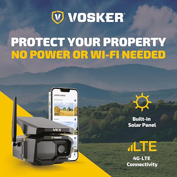 Vosker VKX Solar Powered 4G-LTE Outdoor Cellular Security Camera - No WiFi Needed, Motion Activated, Night Vision, SIM Card Included, On-Demand Mode - 15s Video Clips, IP65 Weather-Resistant