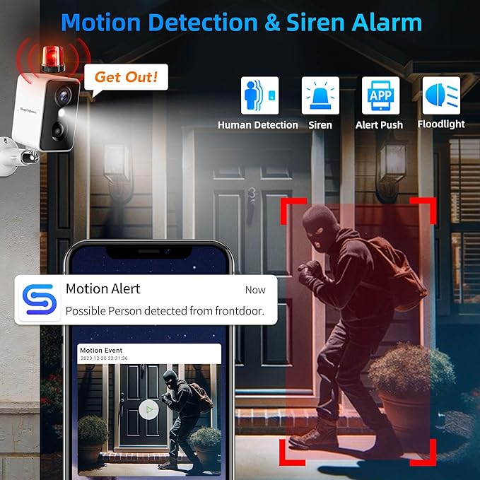 Septekon 2K Security Cameras Wireless Outdoor 2 Pack, Solar Battery Powered Camera with Two Spotlights, PIR Motion Detection Siren, Color Night Vision, 2-Way Audio, IP66 Waterpoof