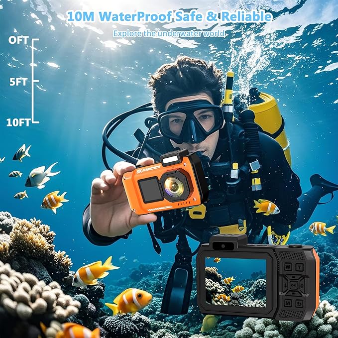 8K Waterproof Digital Camera Snorkeling: 70MP 33FT Compact Rugged Underwater Camera - HD Dual-Screen with 18X Zoom Selfie 64GB Card & 2500 mAh Battery for Outdoor Scuba Diving Fishing Swimming Orange