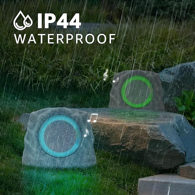 2-Pack Rock Speakers Outdoor Water-Resistant Solar Powered Patio Speaker with 3 Mode Lights and Pair System and USB Rechargeable for Pool Outside Garden Yard Deck