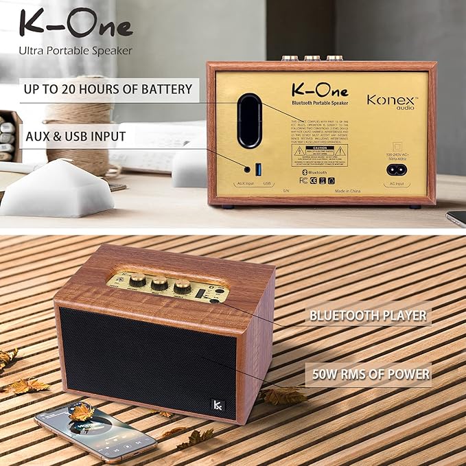 Retro Wooden Bluetooth Speaker, KONEX 40W Vintage Portable Wireless Speaker, Bluetooth 4.2 Heavy Bass Music Player, 20H Long Playtime, Outdoor Speaker for Home, Office, Party, Gift for Friend