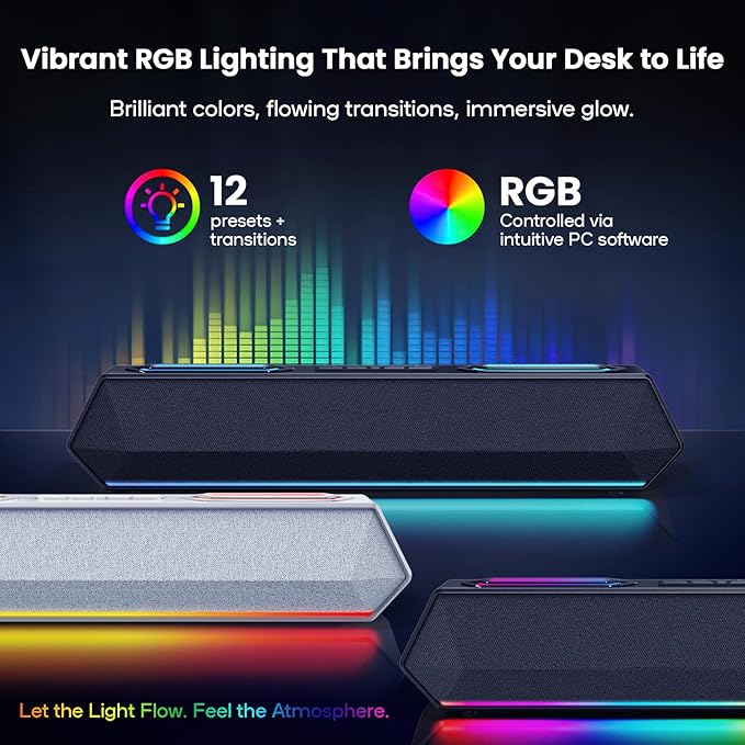 Deeyaple Computer Speakers, 40W Wireless Soundbar for Desktop PC with Bluetooth 5.3 & USB Audio, Software Custom EQ, Dynamic RGB Lighting, External Power Adapter Gaming Speakers, Laptop, Xbox (Black)