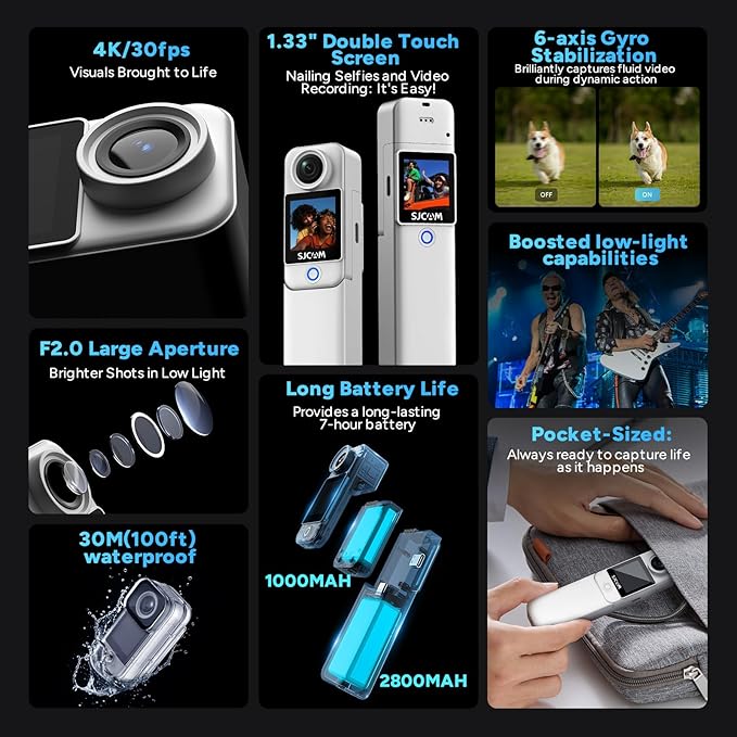 SJCAM C300 Vlogging Combo,4K Pocket Action Camera,7H Power,6-Axis Stabilization,Dual-Touch Screen 154° Wide FOV Video Body Cam for Travel,Sport,Waterproof,Live Streaming,Magnetic Werable,64G Card