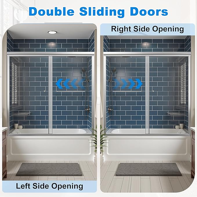 56-60" W x 58" H Bathtub Door Bathroom Tub Shower Door 1/4"(6mm) Thick Tempered Glass Shower Door with Stainless Steel Handle for Bathtub, Brushed Silver