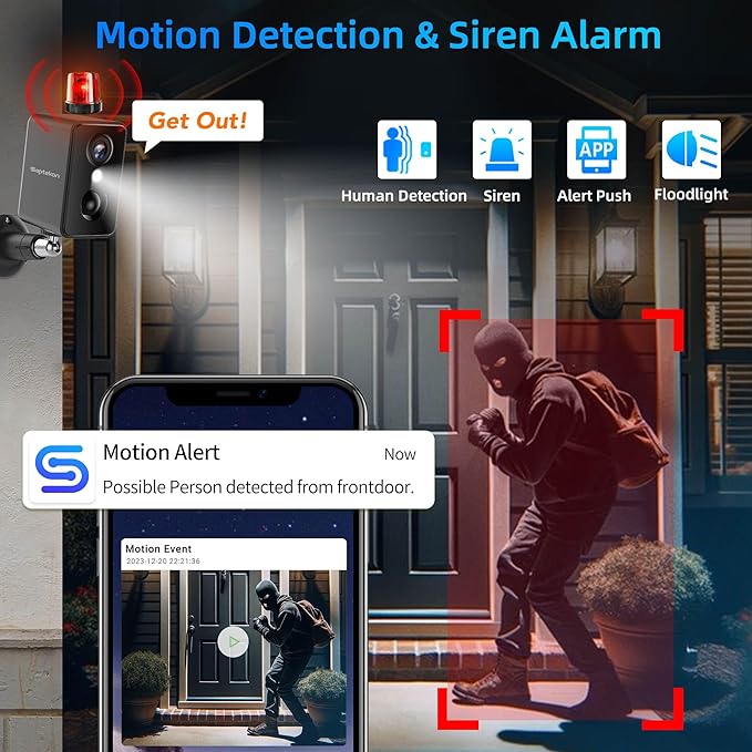 Septekon 2K Security Cameras Wireless Outdoor 4 Pack, Solar Battery Powered Camera with Two Spotlights, PIR Motion Detection Siren, Color Night Vision, 2-Way Audio, IP66 Waterpoof