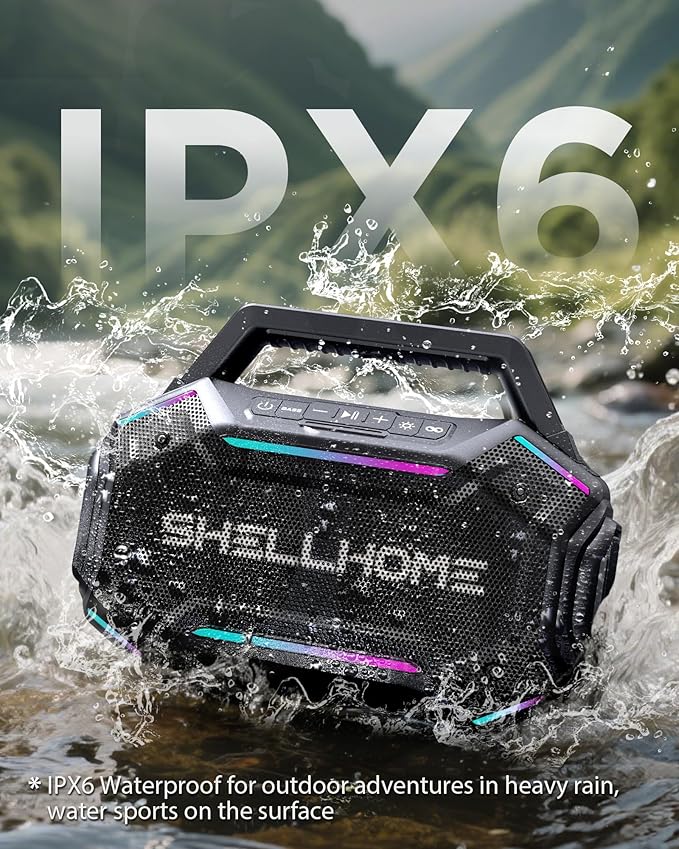 Bluetooth Outdoor Speakers, 80W(Peak) Loud Wireless Speaker, 30H Playtime, RGB Lights, BassUp 2.0, IPX6 Waterproof, TWS, Bluetooth 6.0, Portable Boombox for Party, Pool, Beach, Black