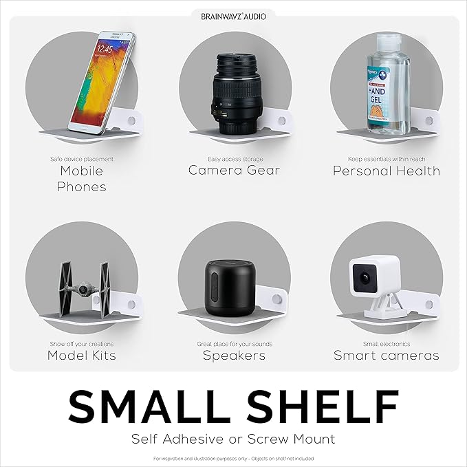 BRAINWAVZ 2-Pack 4” Small Floating Shelf Bluetooth Speaker Stand, Adhesive & Screw Wall Mount, Anti Slip, for Cameras, Baby Monitors, Webcam, Router & More, Universal Holder (SHELF11 White)