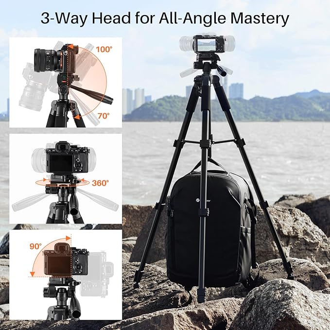 74'' Camera Tripod, Fotopro Lightweight Aluminum Travel Tripod for DSLR Camera and Phone with Detachable 3-Way Pan-Tilt Head Carry Bag and Mount Phone Stand for Video Recording Live Streaming