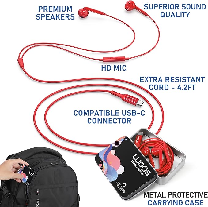 LUDOS FEROX USB C Headphones for iPhone 16 15 Pro Max Plus iPad Pro, 5 Years Warranty, USB-C Earbuds for Samsung Galaxy S24 S23 Ultra S22 S21 S20 A55 A54 A53, USB Type C Earphones - Red